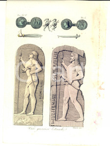 Stampa, bozzetto originale 1828 FERRARIO COSTUME EUROPA Vari Guerrieri Etruschi GIARRE  Colorata a mano 1