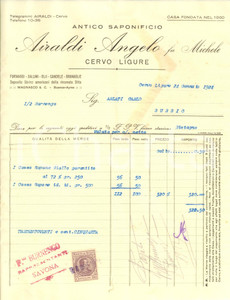 Documento originale, autentico 1924 CERVO IM Angelo AIRALDI fu Michele  Antico saponificio Fattura 1