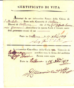 Documento originale, autentico 1819 VOLTERRA PI Certificato esistenza in vita Raffaello BUONAMICI GUARNACCI 1