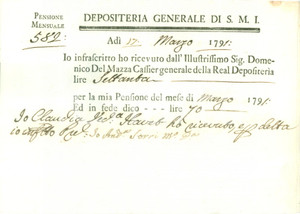 Documento originale, autentico 1791 IMPERIAL REALE DEPOSITERIA Claudia vedova HAVET riceve pensione di marzo 1