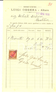 Documento originale, autentico 1930 ALTARE SV Biscotti Luigi ODDERA Fattura intestata con bollo 1