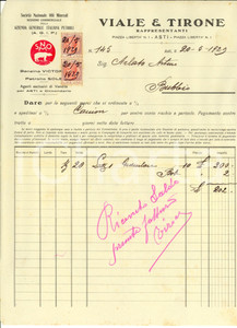 Documento originale, autentico 1929 ASTI Rappresentanti VIALE & TIRONE Benzina e petrolio Fattura intestata 1