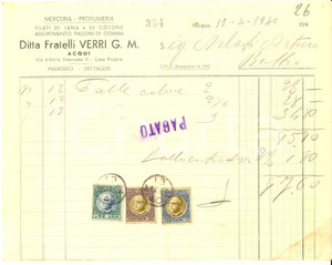 Documento originale, autentico 1940 ACQUI AL Ditta Fratelli VERRI merceria  palloni di gomma Fattura 1