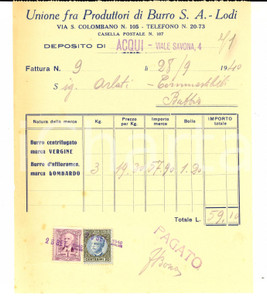 Documento originale, autentico 1940 ACQUI TERME Unione fra Produttori di Burro S. A. LODI Fattura intestata 1