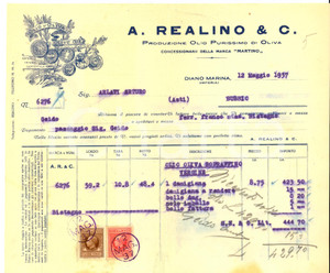 Documento originale, autentico 1937 DIANO MARINA IM Ditta A. REALINO & C. Fattura intestata per olio d oliva 1
