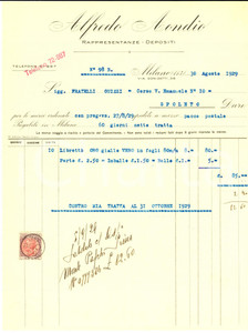 Documento originale, autentico 1929 MILANO Via Donizetti 38  Ditta ALFREDO AONDIO LIbretti ORO vero Fattura 1