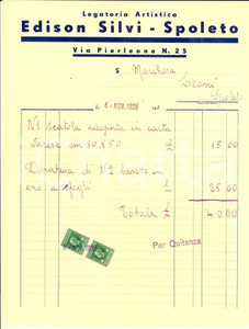 Documento originale, autentico 1935 SPOLETO Legatoria Artistica EDISON SILVI Fattura intestata per doratura 1