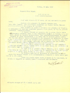 Documento originale, autentico 1930 TORINO Pier Agostino PODESTA  sugli arretrati di un cliente Lettera 1