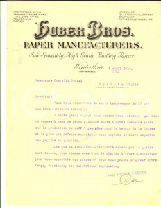 Documento originale, autentico 1916 WINTERTHUR CH Ditta HUBER Bros. sul divieto di esportazione di carta 1