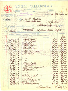 Documento originale, autentico 1921 VENEZIA Pelletterie fine ARTURO PELLEGRINI E C. Fattura intestata 1