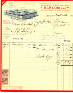 Documento originale, autentico 1928 MILANO Stabilimento Arti Grafiche BERTARELLI Fattura intestata 1