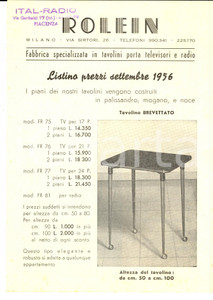 Materiale pubblicitario d’epoca 1956 MILANO Ditta ROLEIN Tavolini porta televisori e radio Listino prezzi 1