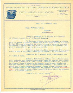 Documento originale, autentico 1929 ROMA Arrigo PALLAVICINI Rappresentanze fabbricanti italotedeschi Lettera 1