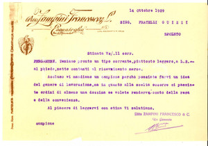 Documento originale, autentico 1929 SPOLETO Ditta Francesco ZAMPINI Lettera commerciale su pergamene 1