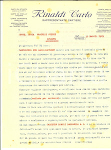 Documento originale, autentico 1929 ANCONA Carlo RINALDI rappresentante cartiere Lettera su cartoncino 1