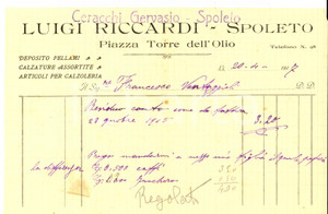 Documento originale, autentico 1917 SPOLETO PG Luigi RICCARDI deposito pellami e calzature Fattura intestata 1