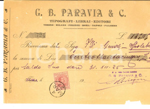 Documento originale, autentico 1927 ROMA Ditta G. B. PARAVIA Tipografi  librai  editori Ricevuta intestata 1