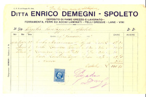 Documento originale, autentico 1935 SPOLETO PG Ditta Enrico DEMEGNI rame grezzo e lavorato Fattura intestata 1