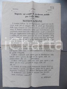 Documento originale, autentico 1865 TORINO Imposta sui redditi di ricchezza mobile Manifestino cm 28 x 40 1
