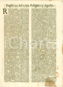 Giornale, rivista storica 1732 GIORNALE DI FOLIGNO n 32 Card. BENTIVOGLIO suona Te Deum conquista di ORANO 1