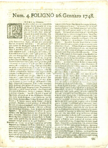Giornale, rivista storica 1748 GIORNALE DI FOLIGNO n. 4 Non passa giorno senza navi da guerra a LIVORNO 1