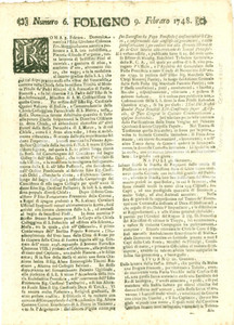 Giornale, rivista storica 1748 GIORNALE DI FOLIGNO n. 6 Nuove reclute spedite da VIENNA in ITALIA 1