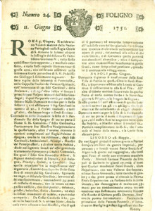 Giornale, rivista storica 1751 GIORNALE DI FOLIGNO n. 24 Esequie di Giovanni V Re del PORTOGALLO 1
