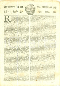 Giornale, rivista storica 1759 GIORNALE DI FOLIGNO n. 34 GalÃ  per nascita primogenita del Re di FRANCIA 1