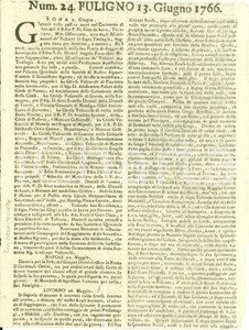 Giornale, rivista storica 1766 GIORNALE DI FOLIGNO n 24 Giochi e cerimonie per la visita dei Reali Sovrani 1