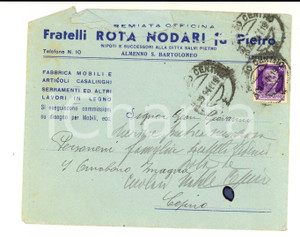 Materiale pubblicitario d’epoca 1941 STORIA POSTALE ALMENNO SAN BARTOLOMEO BG Officina ROTA NODARI Busta 1
