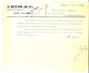 Documento originale, autentico 1946 MILANO Ditta URTIS & C. Forniture elettriche Lettera commerciale intestata 1
