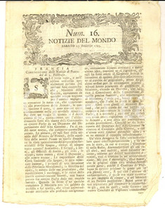 1793 NOTIZIE DEL MONDO Reclami contro PACHE e pensione a GOLDONI *Gazzetta nÂ° 16 DATA: 23 febbraio  1793CONDIZIONI: FAIR    originale e autentica 1