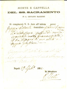 Documento originale, autentico 1884 NAPOLI Monte SS. SACRAMENTO  Richiesta cinto per inferma Giuseppa VISCONTE 1