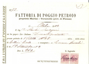 Documento originale, autentico 1902 TAVARNELLE VAL DI PESA Fattoria POGGIO PETROIO Ricevuta per vitello 1