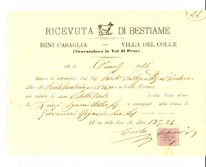 Documento originale, autentico 1886 SAN CASCIANO VAL DI PESA Ricevuta bestiame beni CASAGLIA  VILLA DEL COLLE 1