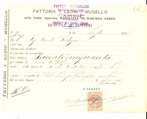 Documento originale, autentico 1896 RIGNANO SULL ARNO Ricevuta bestiami fattoria di CASOLARI  Marchesa GERINI 1