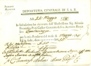 Documento originale, autentico 1784 DEPOSITERIA GRANDUCATO TOSCANA Elisabetta BECHERONI pensione di maggio 1