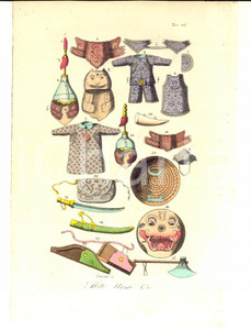 Stampa, bozzetto originale 1830 ca FERRARIO COSTUME ANTICO CINA Abiti, armi, ecc. Inc. Andrea BERNIERI 1