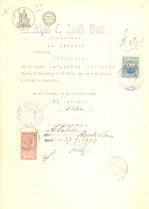Documento originale, autentico 1922 ASCOLI PICENO Vittorio CAVALIERI Ã¨ cittadino italiano Documento 1