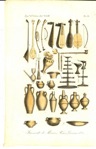 Stampa, bozzetto originale 1834 FERRARIO COSTUME ANTICO Strumenti di musica, vasi, lucerne Stampa 1