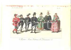 Stampa, bozzetto originale 1837 FERRARIO COSTUME ANTICO Regina Anna Caterina di Danimarca Stampa 1