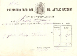 Documento originale, autentico 1881 MONTEVARCHI AR Eredi Attilio BAZZANTI Fattura per copriture di toro 1
