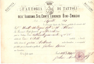 Documento originale, autentico 1887 SAN CASCIANO VAL DI PESA FI Fattoria TATTOLI Lorenzo BINISMAGHI Ricevuta 1
