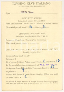 Oggetto da collezione cartaceo 1954 MILANO 60° TOURING CLUB Invito giro turistico della città e Lago Maggiore 1