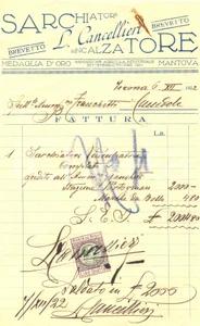 Documento originale, autentico 1922 VERONA L. CANCELLIERI Sarchiatore  Rincalzatore Medaglia d oro Fattura 1