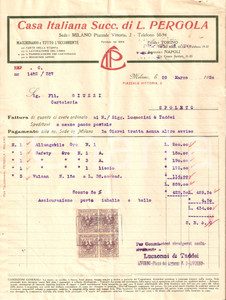 Documento originale, autentico 1920 MILANO Macchinari per stampa L. PERGOLA Fattura 1