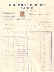 Documento originale, autentico 1937 RACCONIGI CN Giacomo FERRERO Ferramenta Fili armonici e molle FATTURA 1