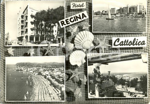 Cartolina originale da collezione 1960 CATTOLICA RN Vedutine spiaggia e HOTEL REGINA Cartolina animata FG VG 1