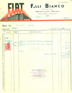 Documento originale, autentico 1937 MONCALVO AT Fratelli BIANCO Concessionari FIAT Fattura ILLUSTRATA 1