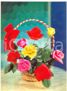 Cartolina originale da collezione 1970 ca OLOGRAFIA Cesto di rose variopinte Cartolina TOPPAN FG NV 1